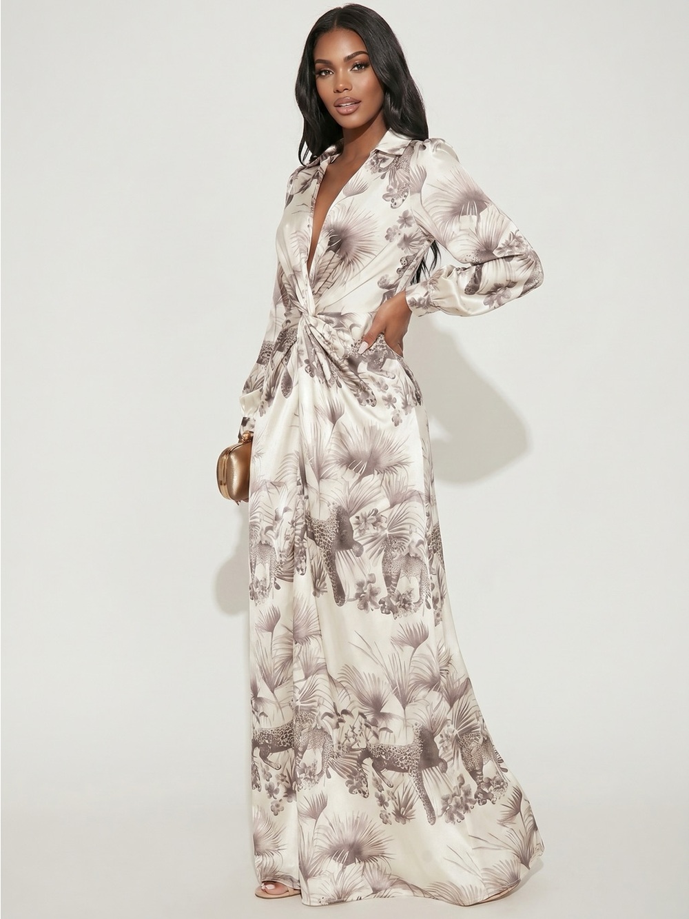 Fashion Nova Ivory Maxi Dress with Taupe Floral & Animal Print